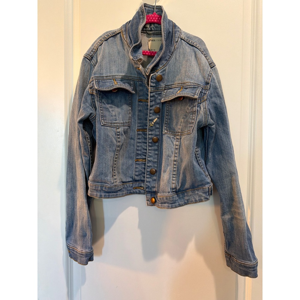 ASOS Denim Light Wash Cropped Trucker Jacket Floral Embroidery US 6 UK 10